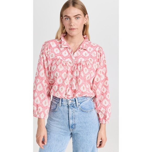 Marea Georgia Top XS Golden Hour Pink Print Cotton Tassel Tie Ruffle Blouse - Picture 2 of 9